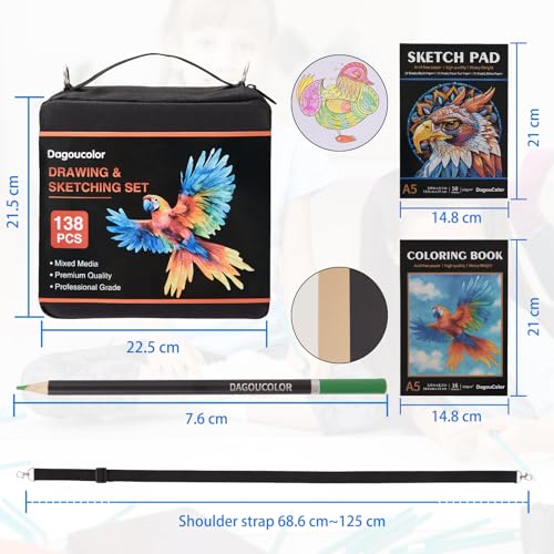 DagouColor Colors Pencil Shoulder Bag, 136 Pencils Drawing Kit, Drawing Set with 3-Color Sketchbook & Coloring Book, Art Supplies For Beginner Artists Professional Media