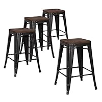 LCH 24" Bar Stools Kitchen Counter Height Stackable Metal Stools, Set of 4 Modern Industrial Dining Bar Chairs with Square Elm Wood Seat, Sanded Black