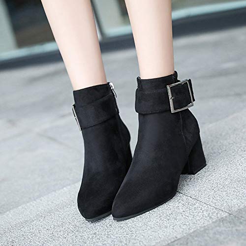 â¤Kauneusâ¤ Women's Faux Suede Pointed Toe Chunky Mid Heel Ankle Booties Buckle Strap and Zip Fashion High-Heeled Winter Boot Black