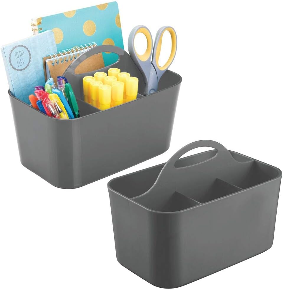 mDesign Plastic Office Storage Organizer Caddy Tote with Handle for Cabinet, Countertop, Desk, Workspace - Holds Erasable Pens, Colored Pencils, Washi Tape, Notebook - Small, 2 Pack - Charcoal Gray