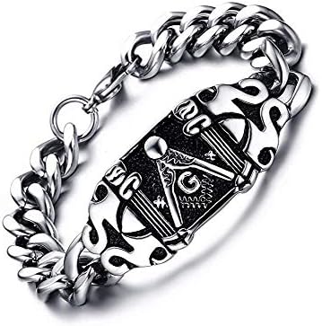 Asma Jewel House Freemasons Bracelets Vintage Silver Tone Stainless Steel Curb Chain Biker Punk Masonic Symbol for Men