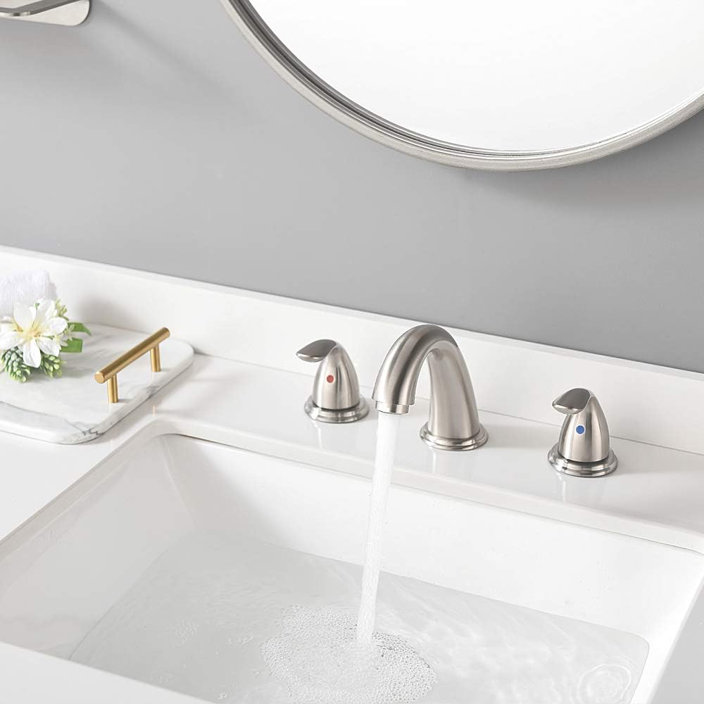 2 Handles 3 Holes Deck Mount Brushed Nickel Widespread Bathroom Faucet by Phiestina, with Stainless Steel Pop Up Drain, WF008-5-BN - - 