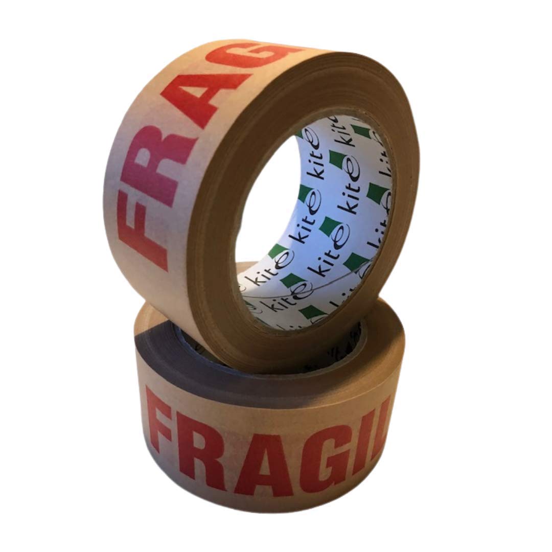 Strong Paper Packaging Kite Tape | Eco-Friendly - Fully Recyclable | Fragile Printed Kraft Paper for Packing Parcels and Boxes | Brown Paper Packaging for Moving House | 50m x 50mm | Pack of 2