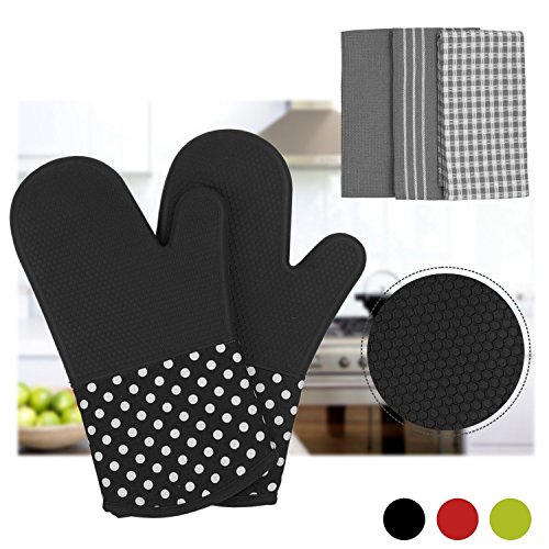 vilapur Silicone Oven Mitts - Heat Resistant to 572 °F Kitchen Oven Gloves for Cooking, Baking, Barbebue Potholder, Cooking Gloves 1 Pair, Black - Thumbnail 7