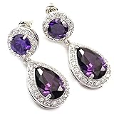 FC White Gold GP CZ Teardrop Amethyst Halo Color Bridal Wedding Purple Crystal Drop Earrings
