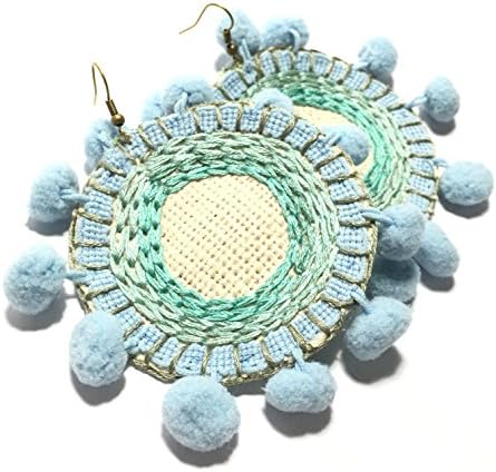 Bohemian Fabric earing handmade unique jewelry circle blue