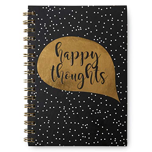 Small Hardcover Themed Notebook - Compact Lined Spiral Bound 6.0" X 8.5" 100 Page Notepad Journal/Personal Diary - Black, Gold & White Cover Design with Inspirational Quote "Happy Thoughts"
