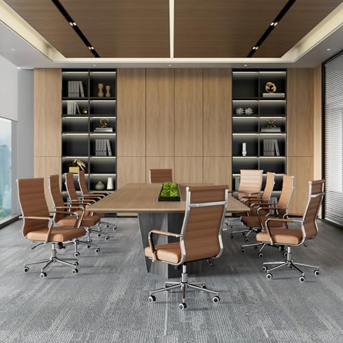 Okeysen Leather Office Desk Chair, Ergonomic Modern Conference Room Chairs with Wheels 360 Swivel, Executive Ribbed Height Adjustable Chair for Home Office.(Brown)