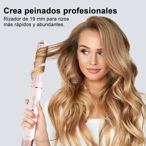 Secador de Pelo Profesional 5 en 1 - Boquillas + Cepillo + Rizador de Pelo, iónico Negativos Secador Kit 1600W Poco Ruido, Temperatura Ajustable y Velocidades para Rizar, Voluminizar y Alisar, Rosa