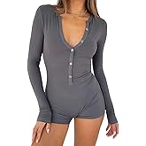 REVETRO Women's 2026 Spring Sexy V Neck Long Sleeve Shorts Romper Y2k One Piece Jumpsuit Bodycon Pajama Set Gym Bodysuit