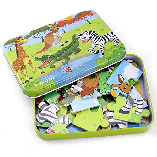 Wooden Jigsaw Puzzles Toys, Free Iron Box for Easy Storage,Pack of 4 with Varying Degree of Difficulty Tool Best for Toddlers 3-5 Years Boys & Girls to Develop Dexterity and Problem Solving