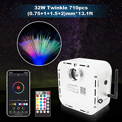 CHINLY Bluetooth 32W RGB Twinkle LED Fiber Optic Star Ceiling Kit Light APP/Remote Control Mixed 710pcs (0.03in+0.04in+0.06in+0.08in) 13.1ft +10 Crystals