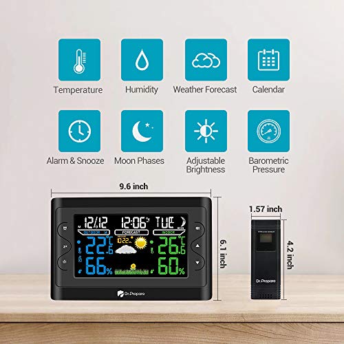 Dr. Prepare Digital Weather Station Wireless Indoor Outdoor Thermometer with 7.6" Colored LCD, Adjustable Brightness, Accurate Indoor Temperature and Humidity, Alarm, and Battery Backup (Black)