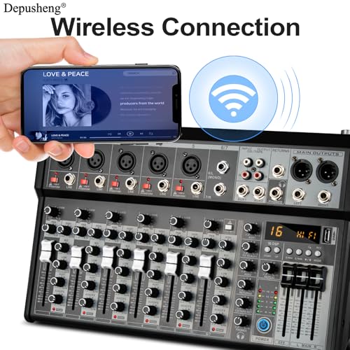 Depusheng Professional Audio Mixer, 4 Channel Audio Mixer System, 16-Bit DSP-DJ Bluetooth Mixer + 48V Phantom Effect for Karaoke Streaming Recording (XT7 EU)