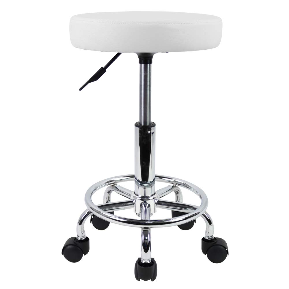 KKTONER PU Leather Round Rolling Stool with Foot Rest Swivel Height Adjustment Medical Spa Drafting Salon Tattoo Work Office Massage Stools Task Chair White Small (White): Furniture & Decor
