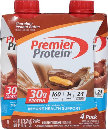 PREMIER PROTEIN SHAKE, CHOCOLATE PEANUT BUTTER, 30G PROTEIN, NO ADDED SUGAR, 24 VITAMINS & MINERALS TO SUPPORT IMMUNE HEALTH, 11 FL OZ, 4 PACK (PACKAGING MAY VARY)