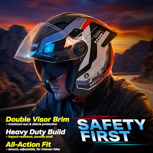 Aishini Vintage Dashing ISI Certified Open Face JET Helmet for Men and Women with Inner Sun Shield ( Dual Visor Mechanism ) Comfortable Breathable Lining [ Free Size ] Quick Release Buckle - GIFT Box