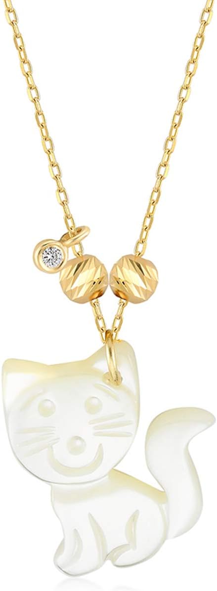 GELIN 14k Yellow Gold Genuine 0,01 ct Diamond Cute Cat Opal Pendant Chain Necklace, 18" - Opal Jewelry for Women