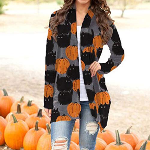 Women\'s Halloween Cardigan Casual Cat Pumpkin Animal Print Long Sleeve Open Front Loose Plus Size Outerwear Autumn