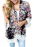 EVALESS Women's Floral Print Chiffon Loose Kimono Cardigan Blouse Beach Cover Up