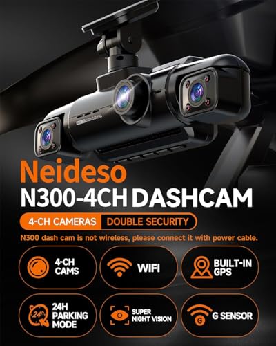 Neideso 360° Dash Cam Front and Rear Inside, 4 Channel FHD 4 * 1080P, Wi-Fi GPS Voice Control Car Camera, Front 2K+1080P*2 Dash Camera for Cars, with 64GB SD Card, Night Vision, 24H Parking Mode(N300)