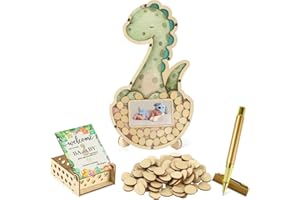 Adzt's 63 Pcs Baby Shower Event Guest Book Alternatives Set,60 Wood Slices Guest Book for Birthday Dinosaur, Baby Shower Guestbook with Photo Frame Baby Frame Keepsake