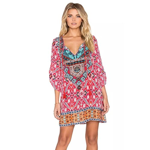 Dress-Han Shi Women Vintage 3/4 Sleeves Geometric Print Summer Sundress (Hot Pink, XL)