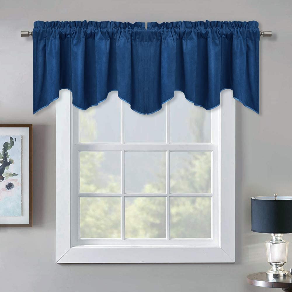 Luxury Decoration Velvet Valance Curtains - Light Blocking Small Window Scalloped Valance with Solid Rod Pocket Thick Privacy Tier Curtain for Cafe Store/Livingroom, 52 x 18-inch, Blue, 1 Pc
