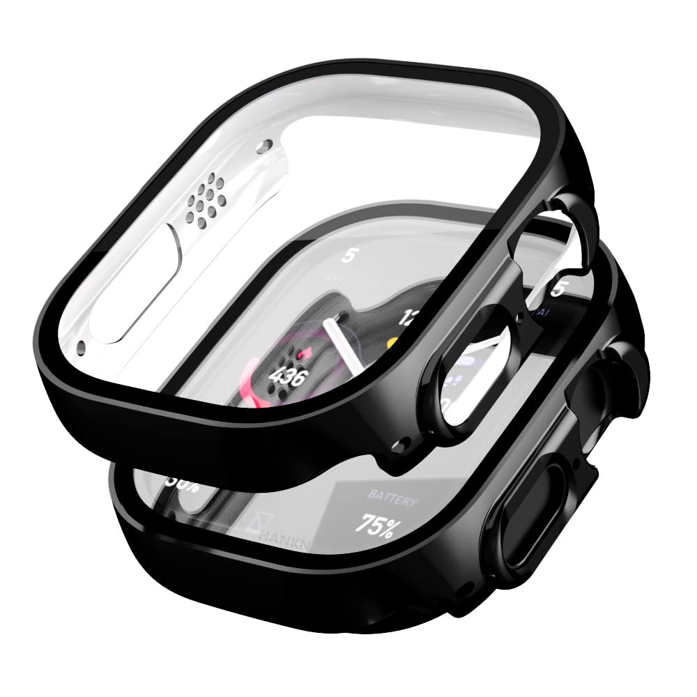 HANKN 2 Pack Plated Case for Apple Watch Series Tempered Glass Screen Protector Case, Hard Full Coverage Shockproof Iwatch Cover (Black+Black, 49mm) — image 1