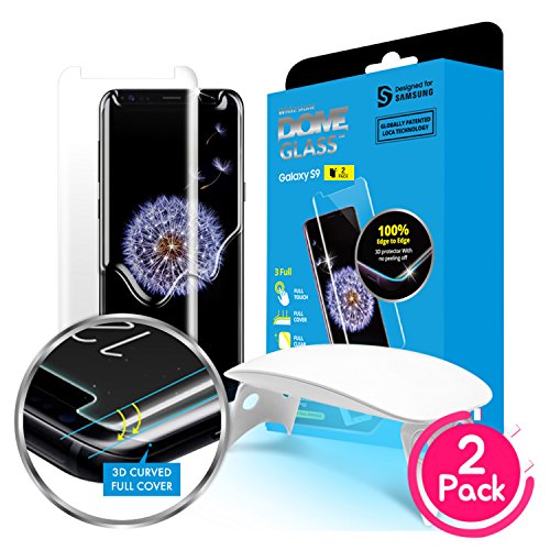 (2 Pack) Dome Glass Galaxy S9 Screen Protector Tempered Glass Shield, [Liquid Dispersion Tech] 3D Curved Full Coverage, Easy Install Kit and UV Light by Whitestone for Samsung Galaxy S9