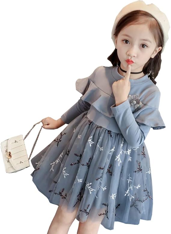 Amazon Fevon ワンピース キッズ ガールズ 春 秋 冬 ドレス 子供 女の子 長袖 チュール切り替え ふわふわ 可愛い キッズドレス チュニック フリル 花の刺繍 おしゃれ 結婚式 入園式 七五三 通園 通学 90 100 110 1 130