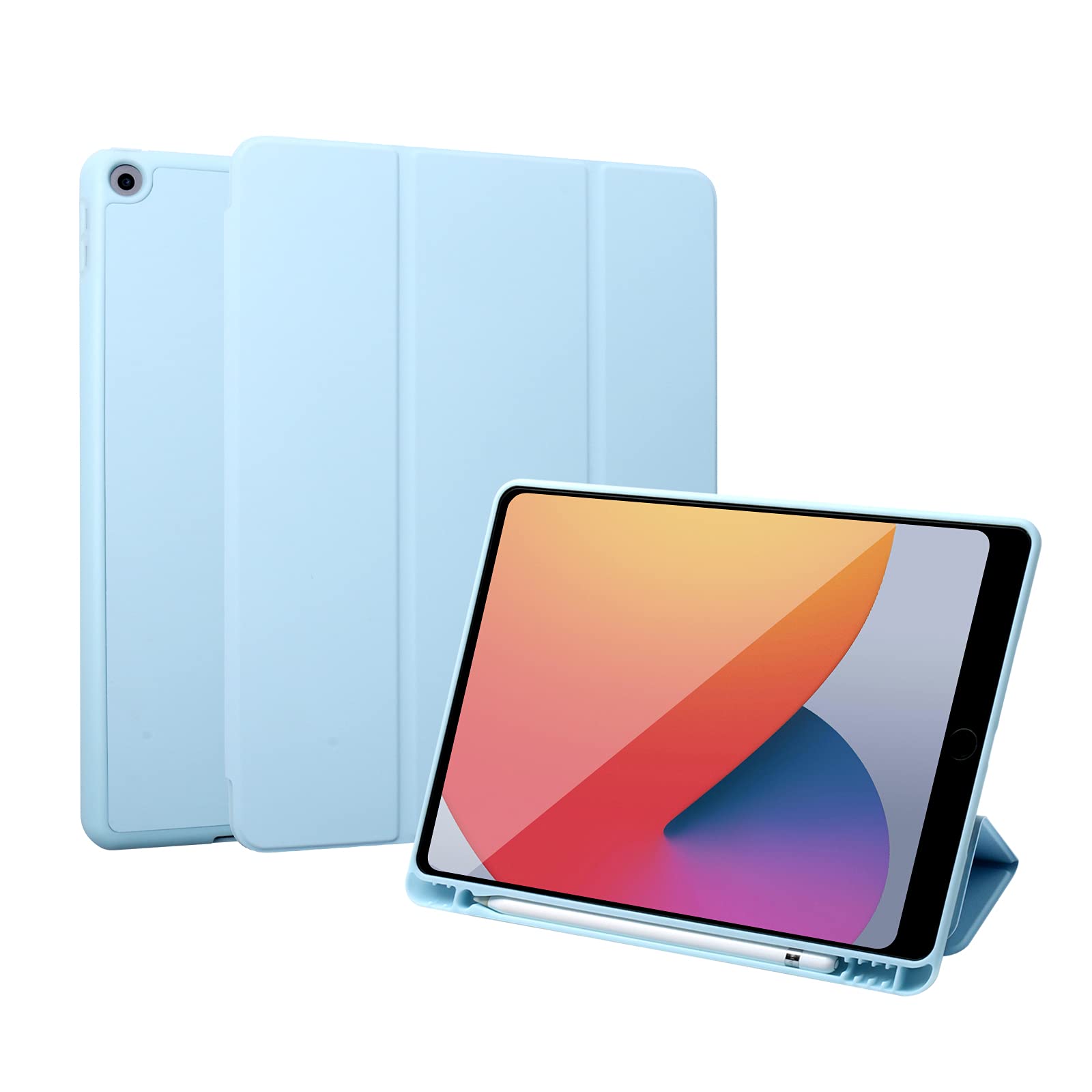 SHEAWA Leather Magnetic Case for New iPad 9 10.2 inch 2021/2020/2019 9th /8th / 7th Generation Model with Pencil Holder, Magnetic Attachment, Cover with Auto Wake/Sleep Trifold Stand Case (Blue)