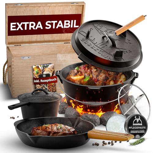 Frisch reingekommen: Qualität zum fairen Preis – GUSSKÖNIG Dutch Oven Set Holz... heute nur 154,99€. Gleich online sichern!