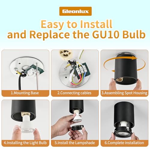 Gleonlux Ceiling Spotlight Adjustable Black 6 Pcs, Ceiling Spotlights GU10 230 V, Aluminium Internal LED Downlight, LED Round Ceiling Spotlights, Modern Ceiling Light, with GU10 Socket