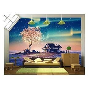 Abandoned House and Fantasy Tree Lights Under Northern Lights,Illustration Painting - Removable Wall Mural | Self-Adhesive Large Wallpaper - 66x96 inches