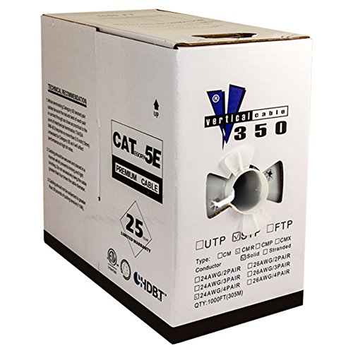 Vertical Cable Cat5e, 350 MHz, Shielded, 24AWG, Solid Bare Copper, 1000ft, White, Bulk Ethernet Cable