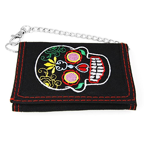 Tri-fold Fabric Wallet w/ Embroidered Sugar Skull W/chain for Everyday Carry