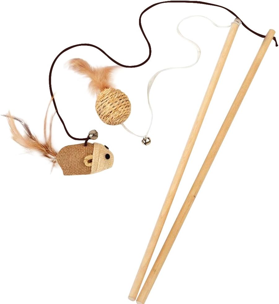JOYTOUR Cat Teaser Interactive Cat Wood Wand with Bell Long Elastic String Kitten Feather Teaser Cat Toy on a Stick
