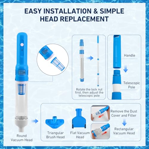 Aspirapolvere Piscina, Aspirapolvere Ricaricabile 3-in-1 con Palo Telescopico Regolabile (120cm-185cm), 70 Minuti di Funzionamento Aspirapolvere Pavimento Piscina per Piscine