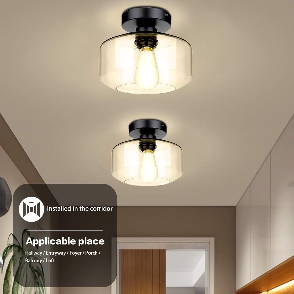 Industrial Semi Flush Mount Ceiling Light, Farmhouse Light Fixture with E26 Base Clear Glass Pendant Lamp Shade, Ceiling Light Fixture for Hallway, Entry, Porch, Kitchen, Bedroom, Dining Room, Bar - - 