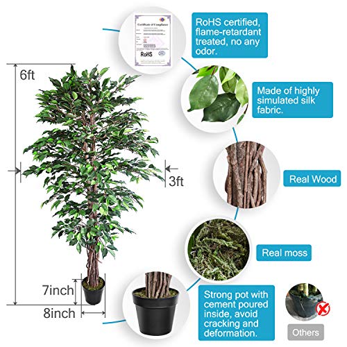 Aveyas 6ft Artificial Ficus Silk Tree with Plastic Nursery Pot, Fake Plant for Office House Farmhouse Living Room Home Decor (Indoor/Outdoor)