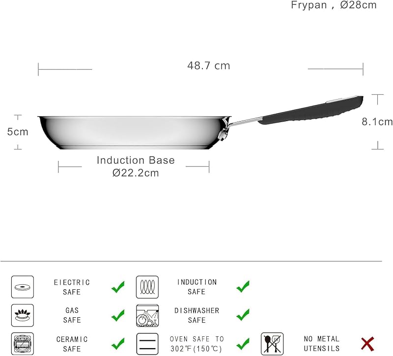 Poêle à Frire Antiadhésive en Acier Inoxydable à Induction - avec Poignée au Toucher Doux - 28 cm