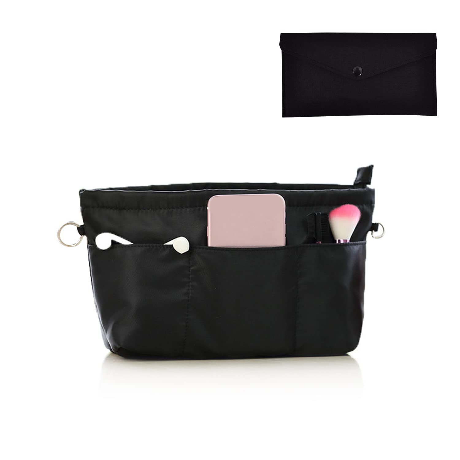 BEIIEB 1 Handbag Organizer with 1 Purse, Nylon Organizer with Keychain, Waterproof Multifunctional Cosmetic Organiser, Shopping Bag Multiple Compartments Women (Black, Extra Small) (A)