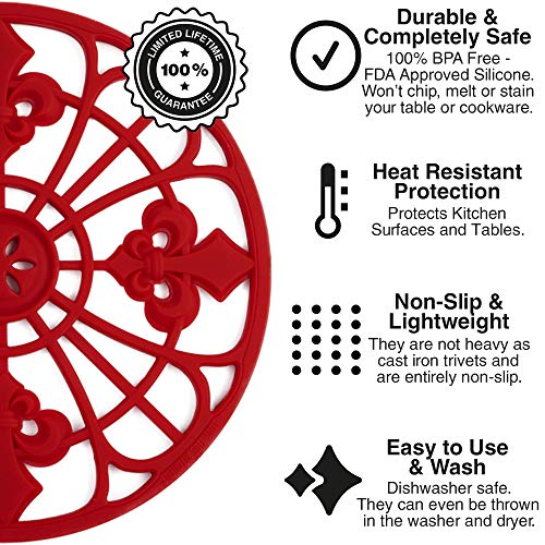 Silicone Trivets Set For Hot Dishes | Modern Kitchen Hot Pads For Pots & Pans | Fleur De Lis Design (Symbol of Royalty) Mimics A Cast Iron Trivet (7.5” Round, Set of 3, Coral Red) - Thumbnail 2
