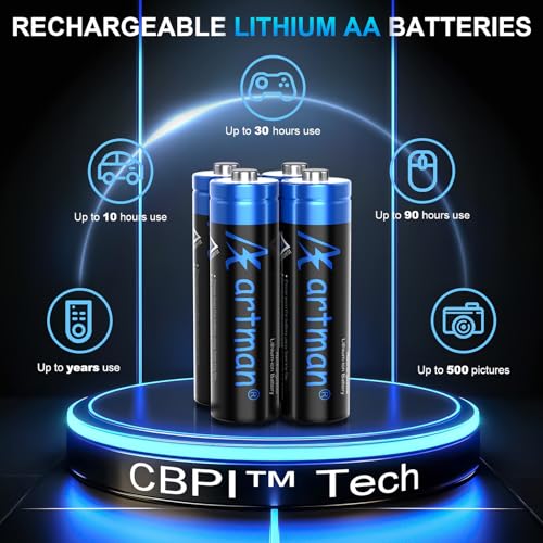 Artman Rechargeable Lithium AA Batteries 12 Pack with 12-Slot Charger, 3600mWh 1.5V High Power AA Lithium Batteries for Blink Outdoor Camera, Rechargeable Double A Battery with 2000+ Cycles (Black)