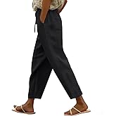 Linen Pants Women Summer Casual Cotton Capri Pants with Lace Side | Breathable Drawstring Elastic Waist Beach Trousers, Petite Lightweight Pants