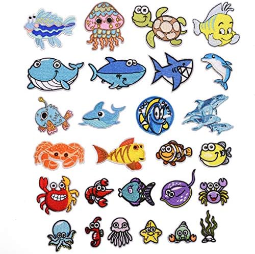 WZT 27 pcs Marine Creatures Iron on Patches Shark Whale Crabs Seahorses Starfish Embroidered Patches Appliques Decorative Repair Patches DIY Sew on Motif