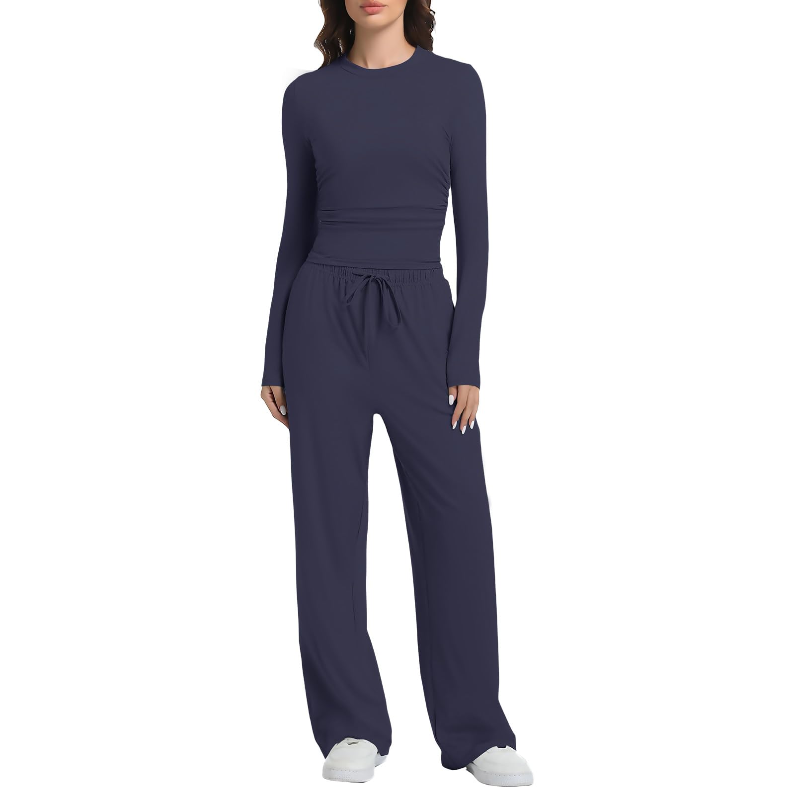 Photo 1 of 2 Piece Lounge Sets for Women Fall Outfits Long Sleeve Wide Leg Tracksuits Womens Two Pcs Casual Matching Loungewear Set (Dark Blue, X-Large)