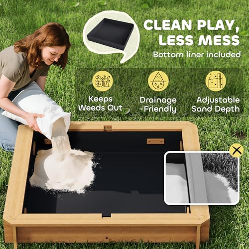 Outsunny Kids Wooden Sandbox w/Adjustable, retractible Canopy & Foldable Bench Seats for 3-7 Years Old, Light Brown