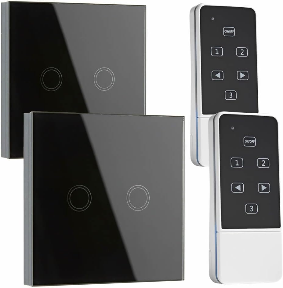 2 Gang Remote Controlled Designer Black Glass On/Off Wall Touch Switch - Pack of 2